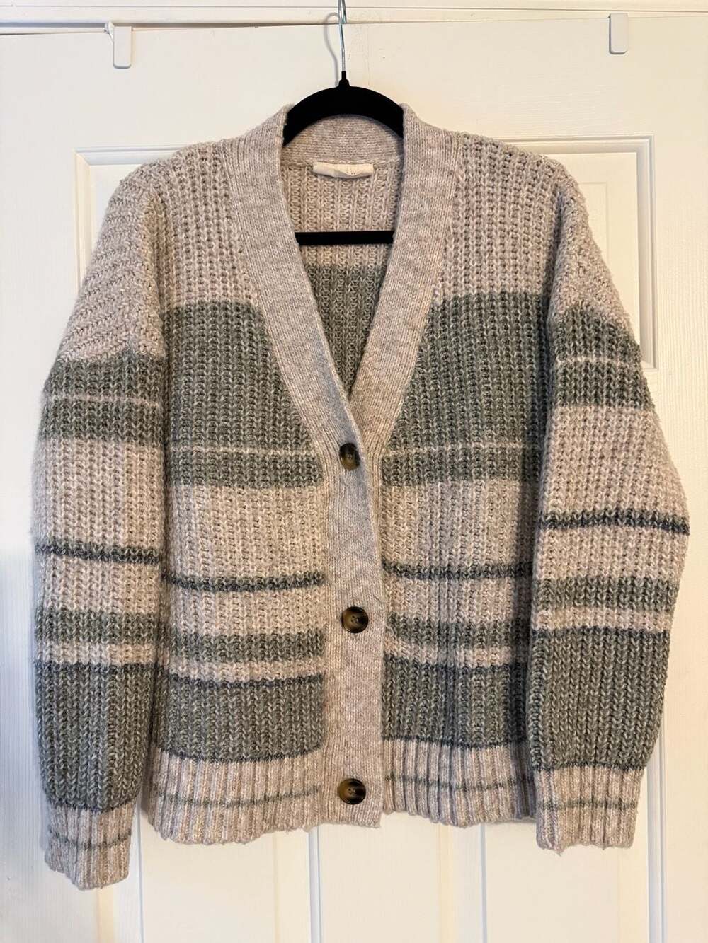 78 & SUNNY Grey And Green Striped Chunky Knit Button Up Cardigan Sweater